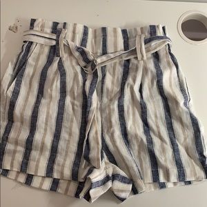 Blue and Beige Striped Paperbag Shorts